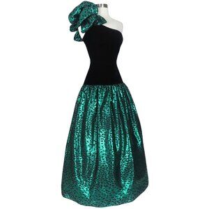 Vintage 80s Metallic Lamé Green Black Velvet Prom Gown Party Dress XS 1 Shoulder
